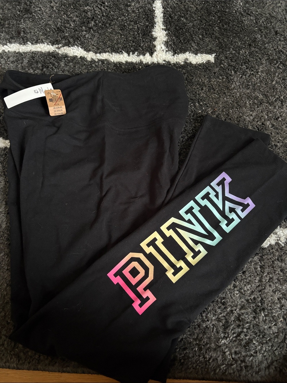 NEW PINK Victoria's Secret Black Leggings with Rainbow PINK Logo